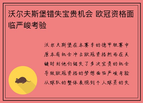 沃尔夫斯堡错失宝贵机会 欧冠资格面临严峻考验