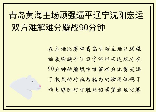 青岛黄海主场顽强逼平辽宁沈阳宏运 双方难解难分鏖战90分钟